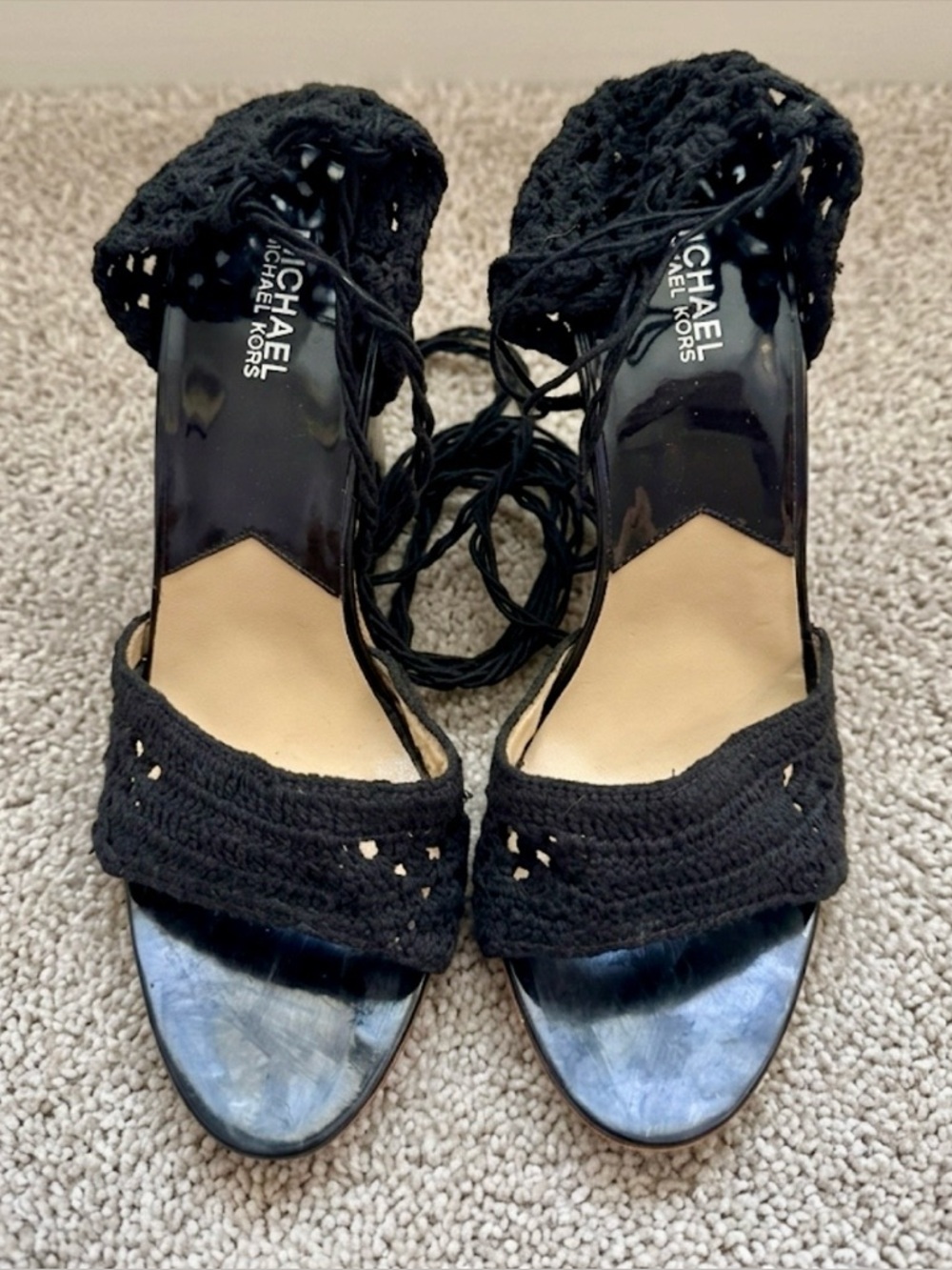 Michael Kors Black Crochet Lace Up Cork Wedges Heels Size 11 - Picture 2 of 11
